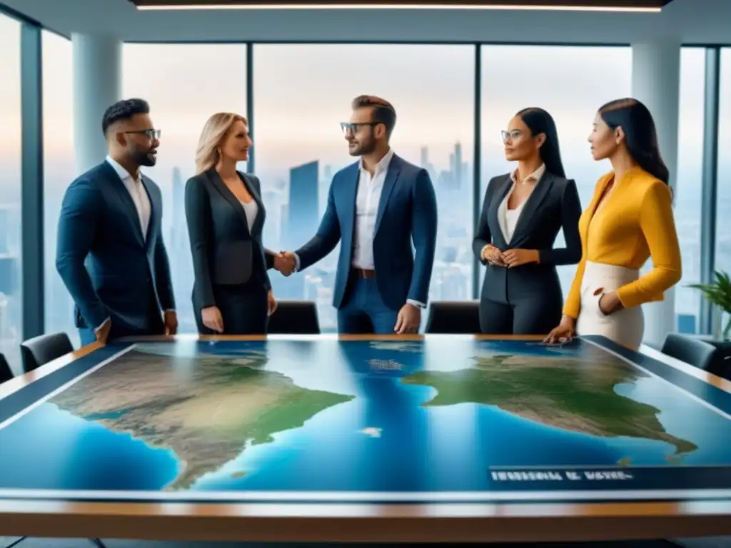 Profesionales reunidos en oficina moderna para invertir en bienes raíces internacionales Equipo de profesionales en inversión en bienes raíces extranjeros, reunidos en moderna oficina con vista a la ciudad