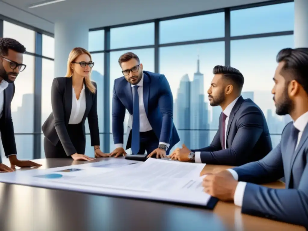 Profesionales colaborando en proyecto de restauración inmobiliaria legal Equipo de profesionales resolviendo conflictos legales en proyectos de restauración en oficina moderna