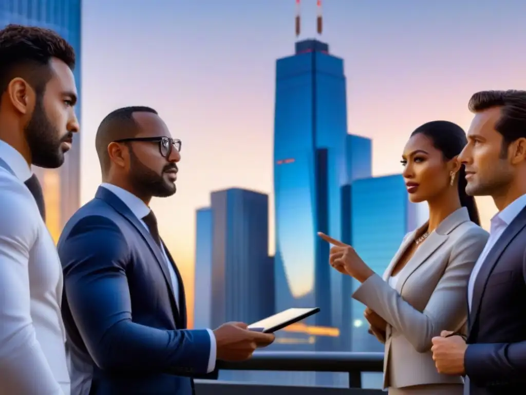 Profesionales debaten sobre derivados de crédito en skyline moderno Equipo de profesionales discutiendo sobre Derivados de crédito en inmobiliaria, con moderno skyline al atardecer