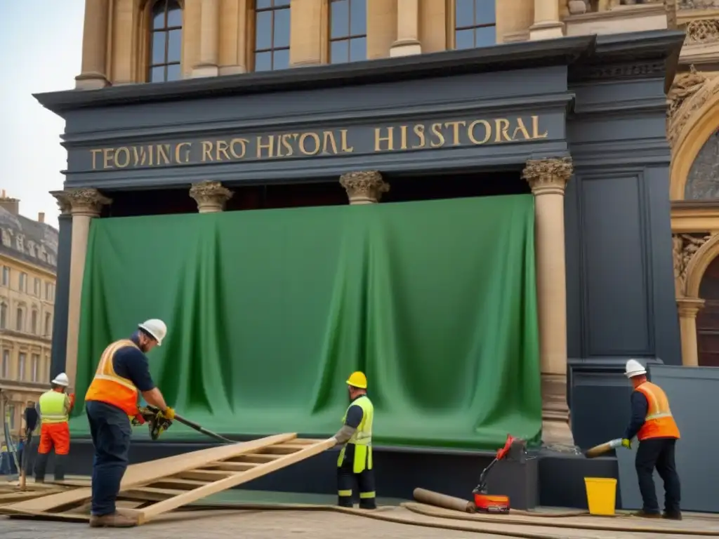 Restauración histórica con tecnología verde de vanguardia Equipo de profesionales restaurando un edificio histórico con tecnologías verdes