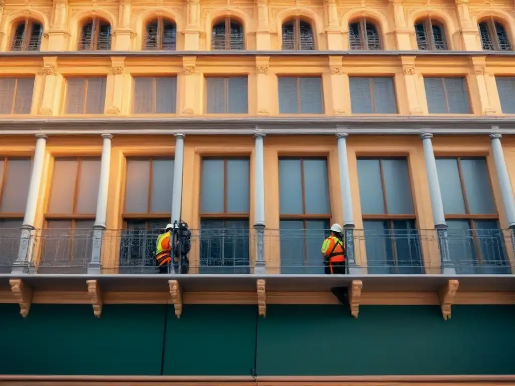 Restauración de edificio histórico: fusión de tradición y tecnología Equipo de profesionales restaurando edificio histórico, mostrando la fusión de artesanía tradicional y tecnología moderna