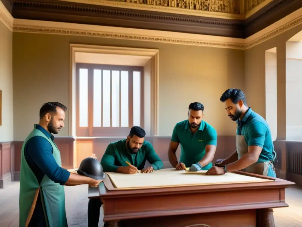 Equipo de expertos restaurando edificio histórico con precisión Un equipo de profesionales diversos restaurando un edificio histórico, destacando la colaboración y precisión en conservación patrimonial