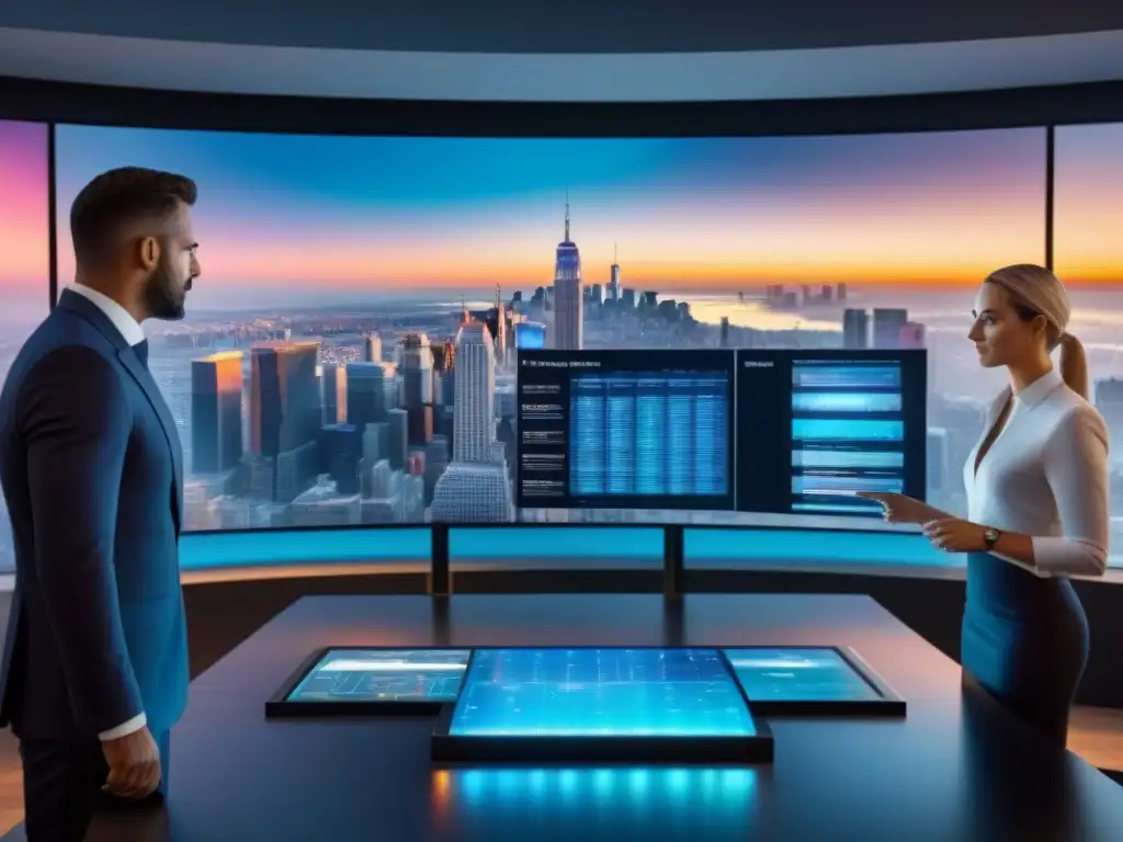 Equipo de profesionales analizando inversión inmobiliaria en holograma Equipo de profesionales colaborando en estrategias para minimizar riesgo inversión inmobiliaria en oficina futurista