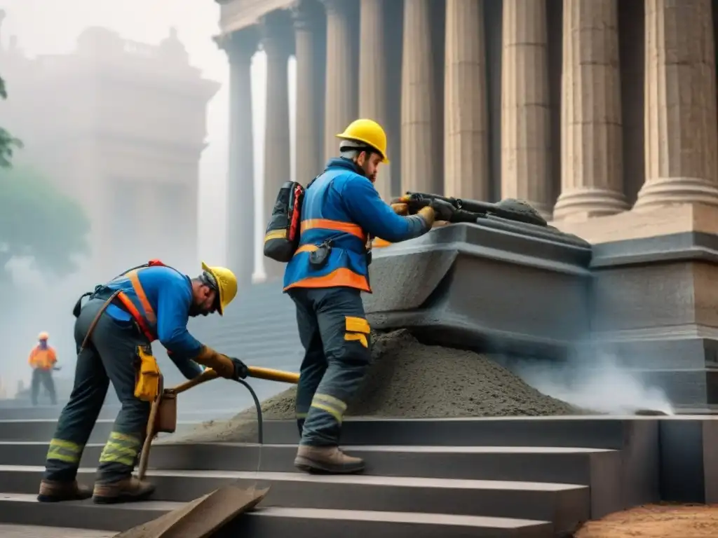 Restauración experta de monumento histórico Equipo de profesionales restaurando monumento con precisión para evitar riesgos en la restauración de monumentos históricos