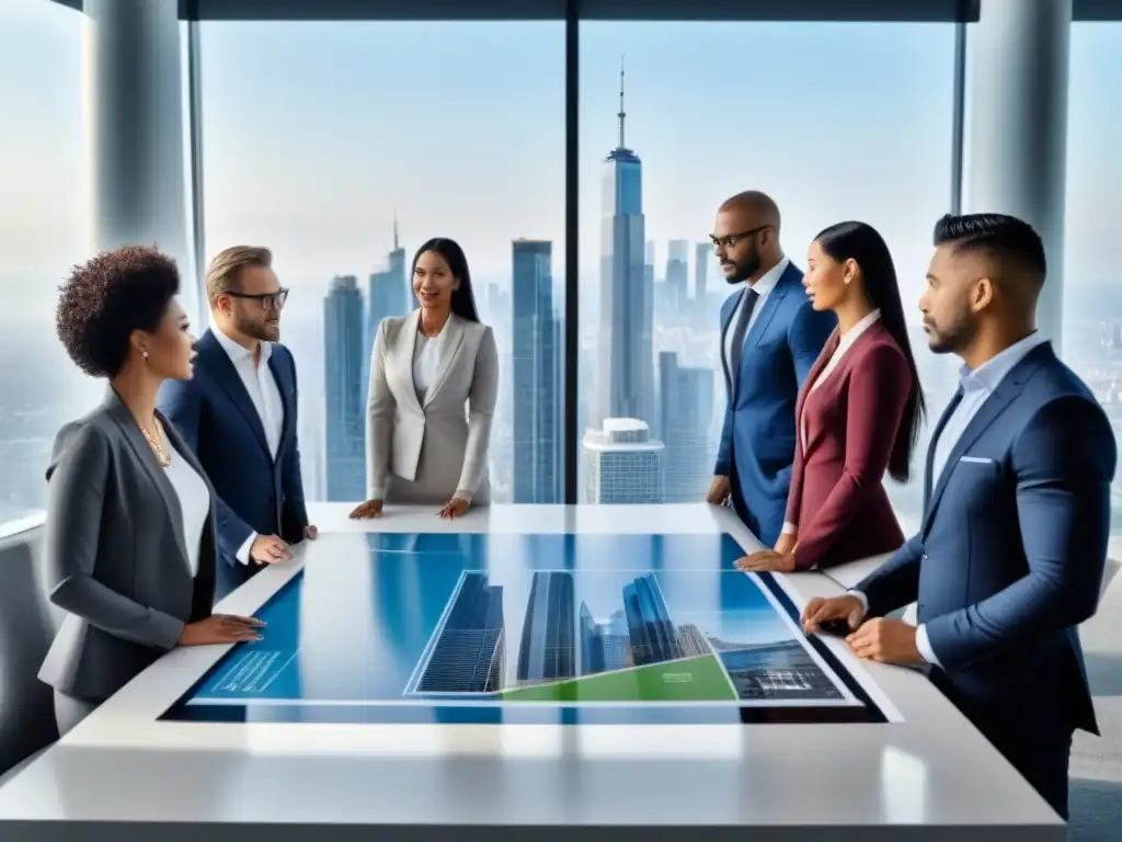 Profesionales analizan planos y estrategias de inversión en sala de reuniones moderna con vista a la ciudad Equipo de profesionales analizando planos y estrategias de inversión en un moderno salón con vista a la ciudad