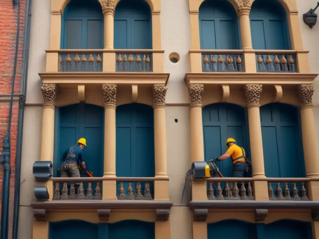 Restauración histórica: manos expertas devolviendo vida Un equipo de profesionales de la restauración cuidadosamente restaurando detalles en una fachada histórica utilizando técnicas modernas