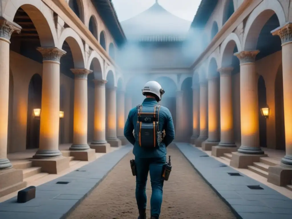 Restauración arquitectónica futurista con tecnología avanzada Un equipo de profesionales en tecnología en conservación arquitectónica inmobiliaria restaurando un edificio histórico con drones y realidad aumentada