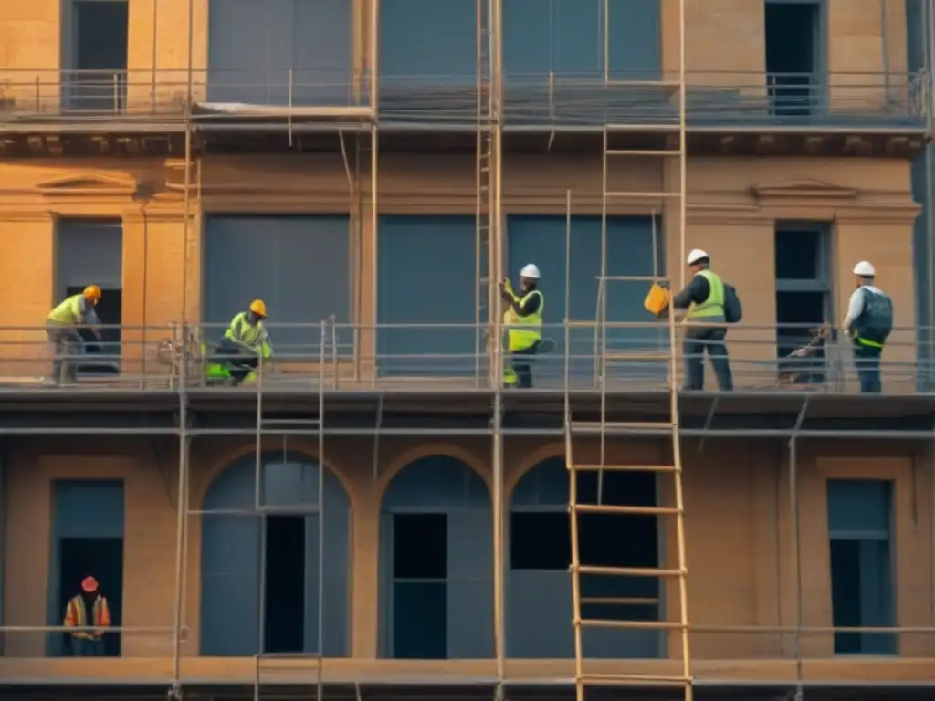 Restauración de edificio histórico con arquitectos y obreros en equipo Equipo restaurando propiedad histórica con seguridad al atardecer