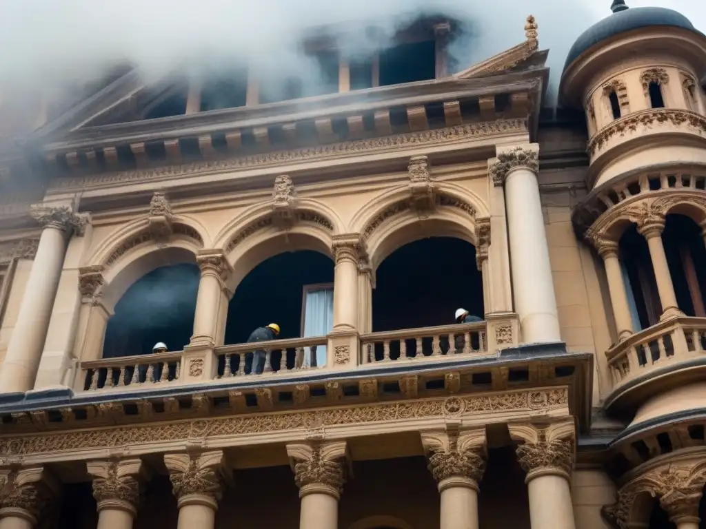Restauración detallada: expertos restauran fachada histórica con maestría Equipo de restauración de edificios antiguos trabajando con precisión en detalles ornamentales de fachada histórica