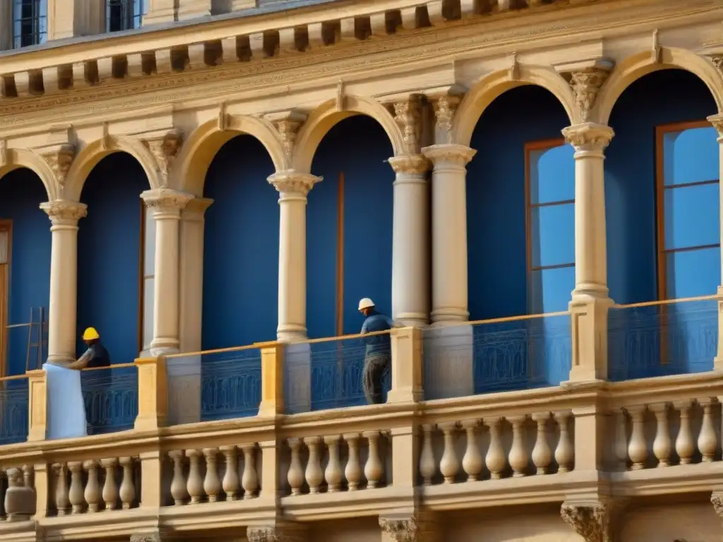 Restauración detallada: expertos devolviendo vida a un edificio centenario Equipo de restauración de edificios antiguos trabajando meticulosamente en la fachada de un edificio centenario