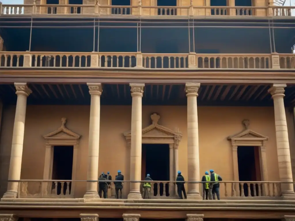 Restauración minuciosa de edificio histórico por equipo de profesionales Equipo de restauración de edificios históricos preservando la historia con herramientas de alta tecnología