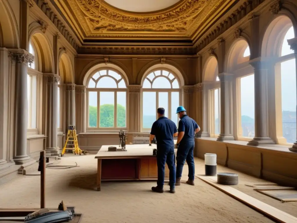 Restauración experta: reviviendo detalles históricos con maestría Equipo de restauración meticuloso trabajando en la recuperación de detalles arquitectónicos históricos de un edificio