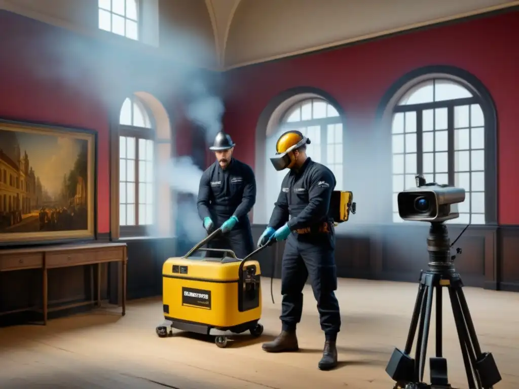 Restauración histórica: expertos en acción con tecnología de vanguardia Equipo de restauración de propiedades históricas utilizando tecnología avanzada para restaurar con precisión y detalle