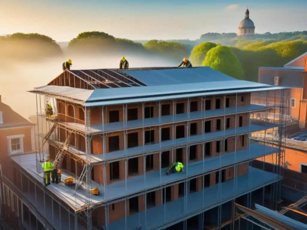 Restauración histórica: obreros restauran edificio emblemático al atardecer Un equipo de trabajadores restaura un edificio histórico al atardecer, destacando la restauración de inmuebles patrimoniales casos éxito