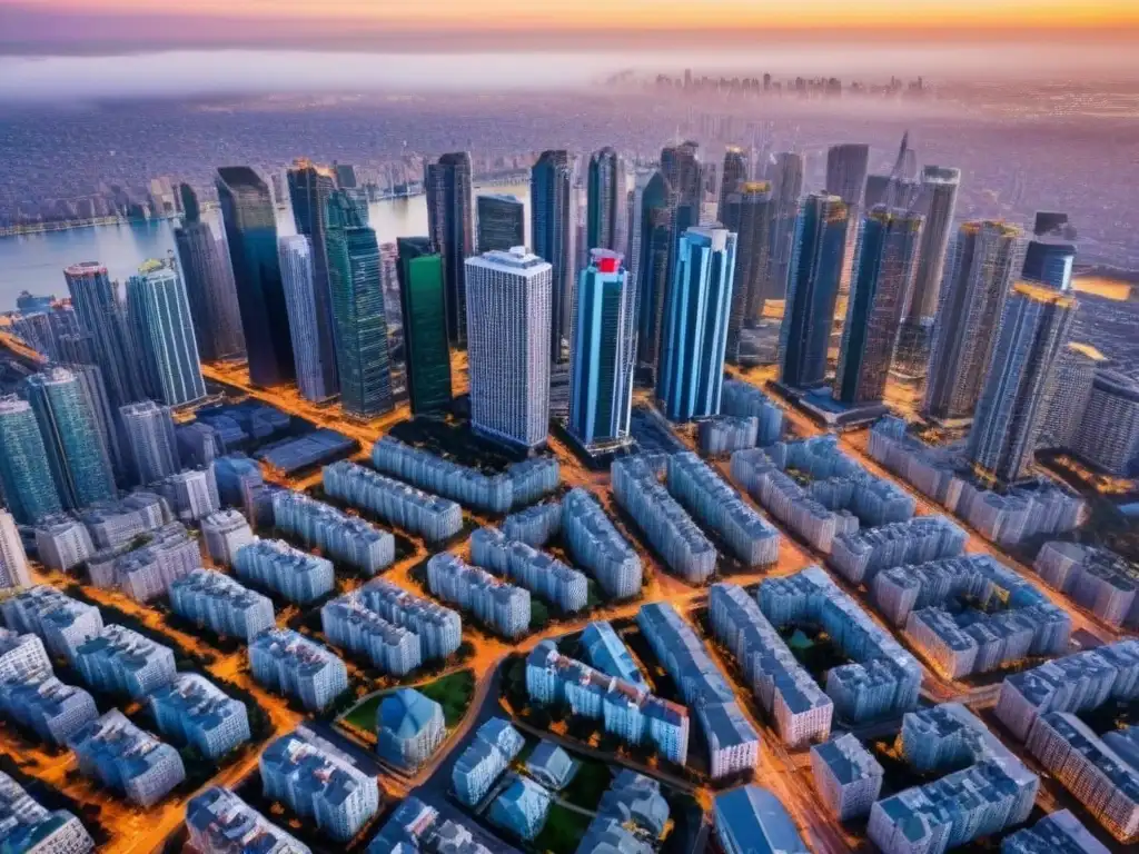 Inversiones inmobiliarias: luces y sombras de una ciudad vibrante Evita errores en inversión inmobiliaria con esta vista aérea de una ciudad vibrante y moderna
