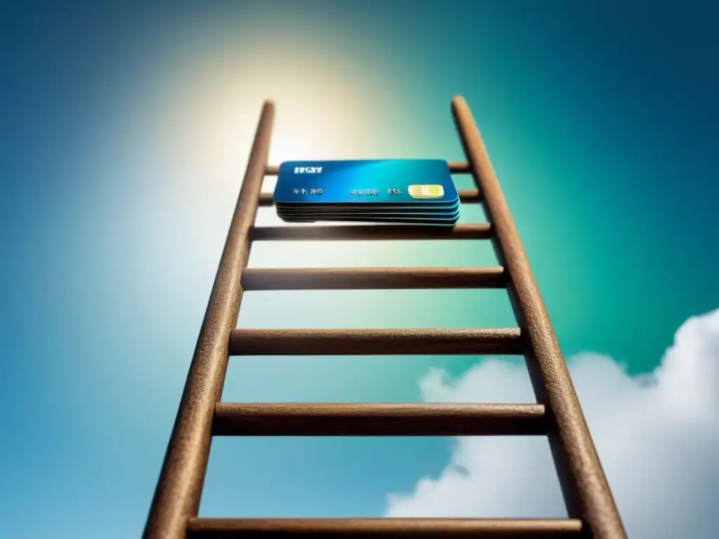 Escalera de crédito: sube peldaños hacia un mejor score Escalera de tarjetas de crédito simbolizando mejorar capacidad crédito hipoteca con hábitos financieros como pagar a tiempo y reducir deudas, en tonos azules y verdes