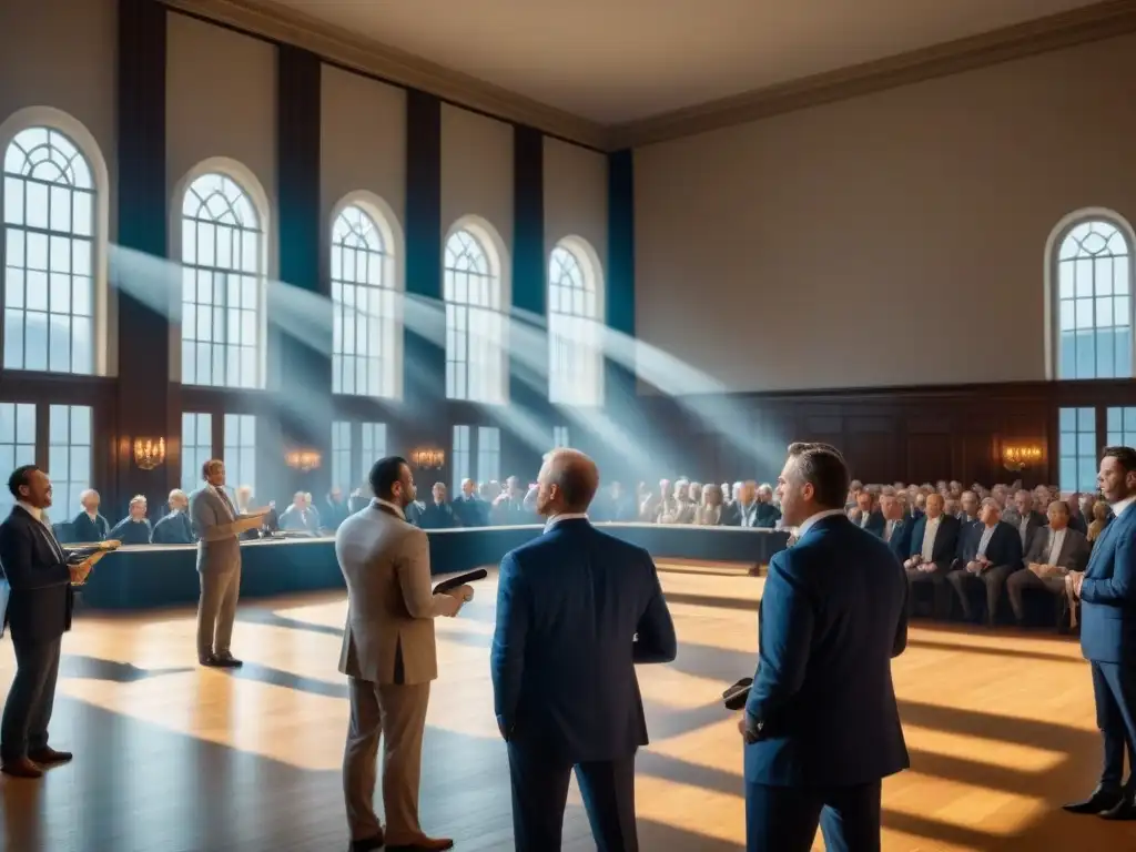 Emocionante subasta en sala elegante con detalle ultra realista Una escena cautivadora de una sala de subastas llena de emoción y movimiento, con riesgos subastas inmobiliarias embargadas
