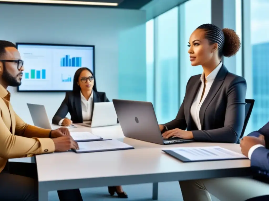Profesionales diversificados en oficina moderna de seguros Una escena contemporánea en una oficina elegante, con profesionales diversos discutiendo sobre seguros de propiedades comerciales