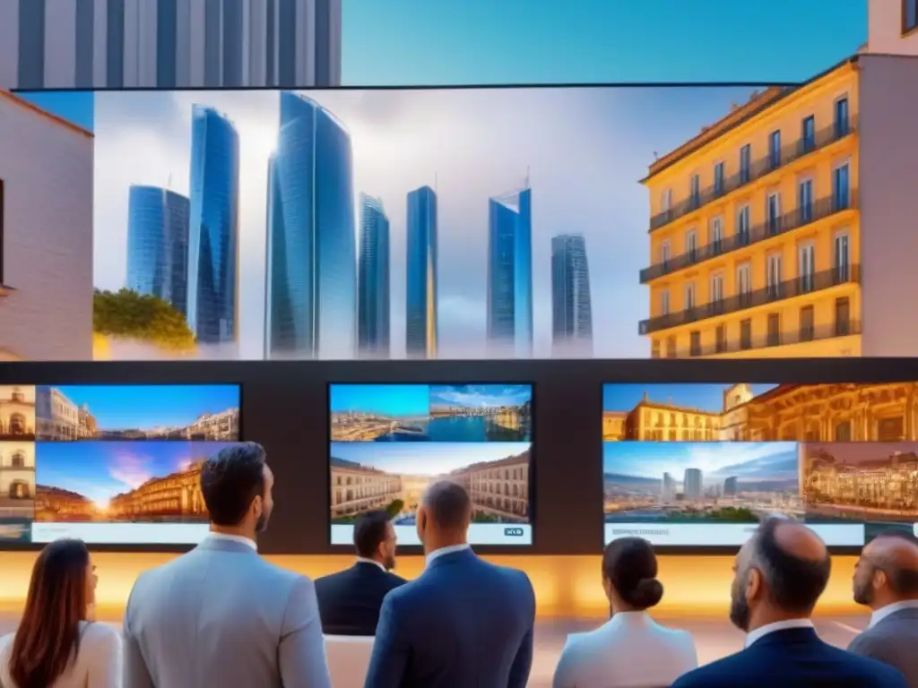 Escena inmobiliaria española: fusión tradicional y moderna Escena detallada del mercado inmobiliario español con arquitectura moderna y tradicional, gente diversa y pantallas digitales mostrando tendencias