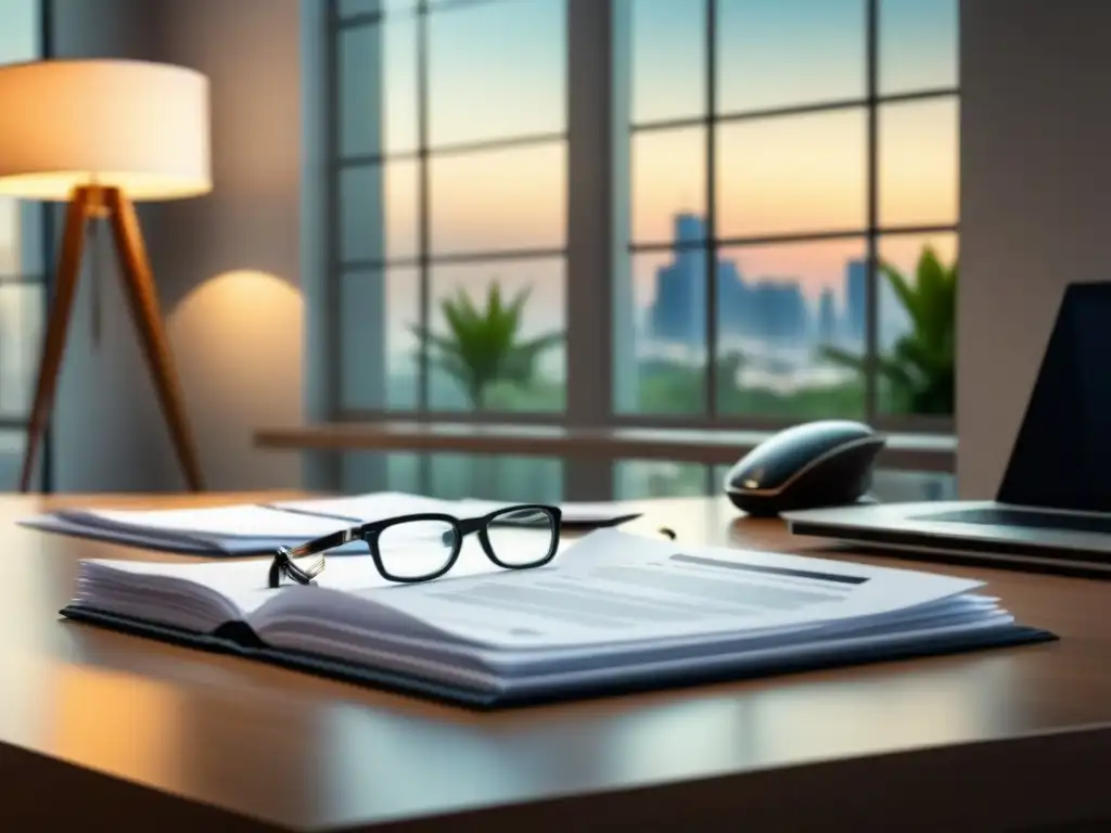 Inversión inmobiliaria: Escena de escritorio moderno y profesional Escena de escritorio moderno con documentos legales, lupa, laptop con gráficos financieros y llaves de nueva propiedad, iluminado por luz cálida