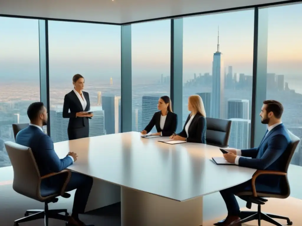 Escena de firma de contrato en oficina de lujo: profesionales confiables y expertos Escena de firma de contrato en oficina de lujo, expertos en aspectos legales de compraventa propiedades alto