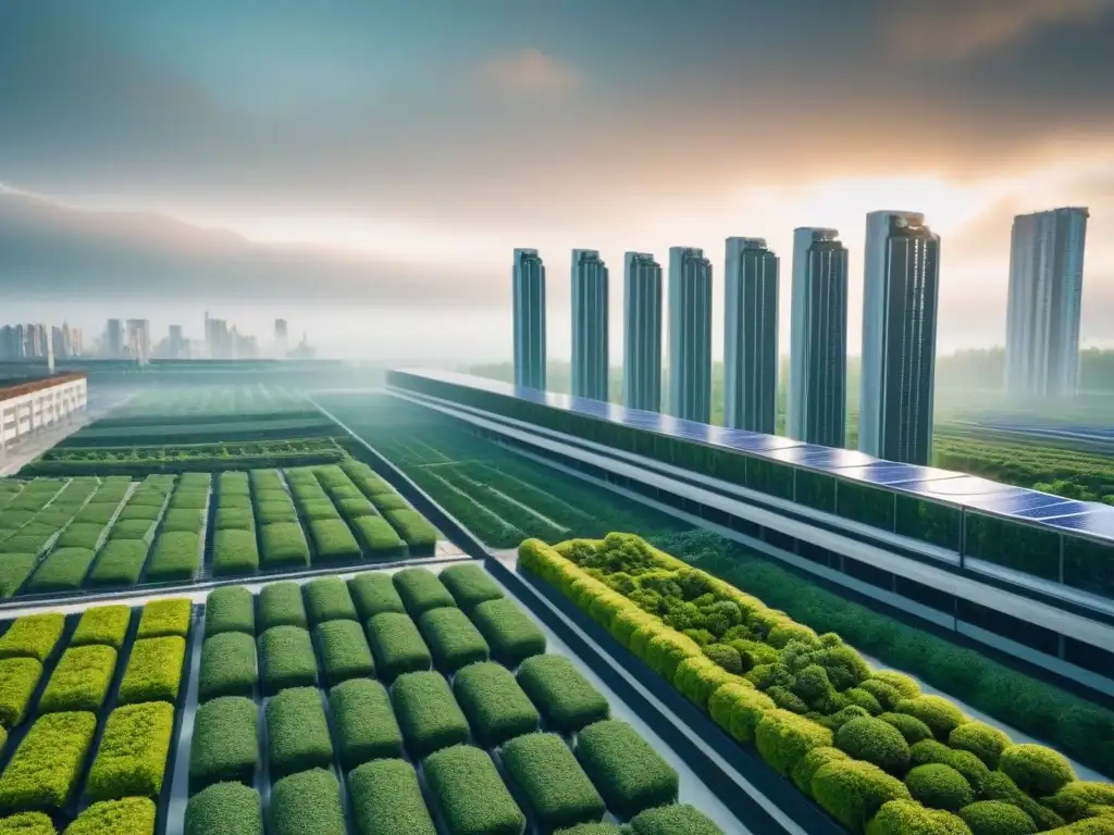 Cityscape futurista con infraestructura verde integrada Escena futurista de ciudad sostenible con infraestructura verde, como jardines en azoteas y paneles solares