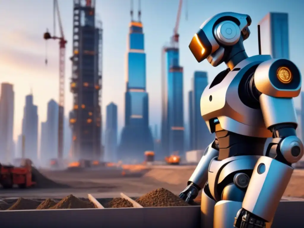 Construcción futurista: robots y humanos trabajando juntos en obra Escena futurista de construcción con robots y trabajadores humanos, mostrando la integración de Inteligencia Artificial en construcción