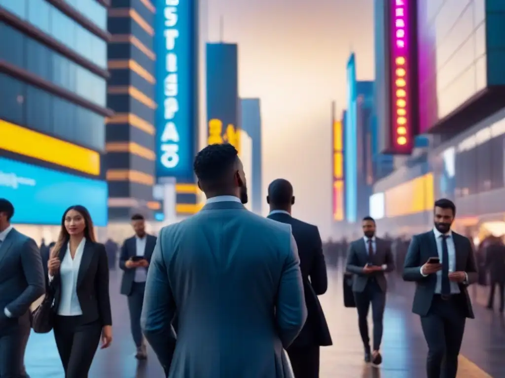 Centro comercial futurista: innovación y diversidad urbana Una escena futurista de desarrollo de espacios comerciales innovadores, con edificios de vidrio y personas modernas en la ciudad de noche