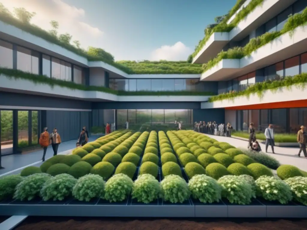 Edificio ecoamigable: futuro sostenible y comunidad comprometida Escena futurista de edificio ecológico con paneles solares y jardines verticales, rodeado de naturaleza y personas participando en actividades de educación ambiental