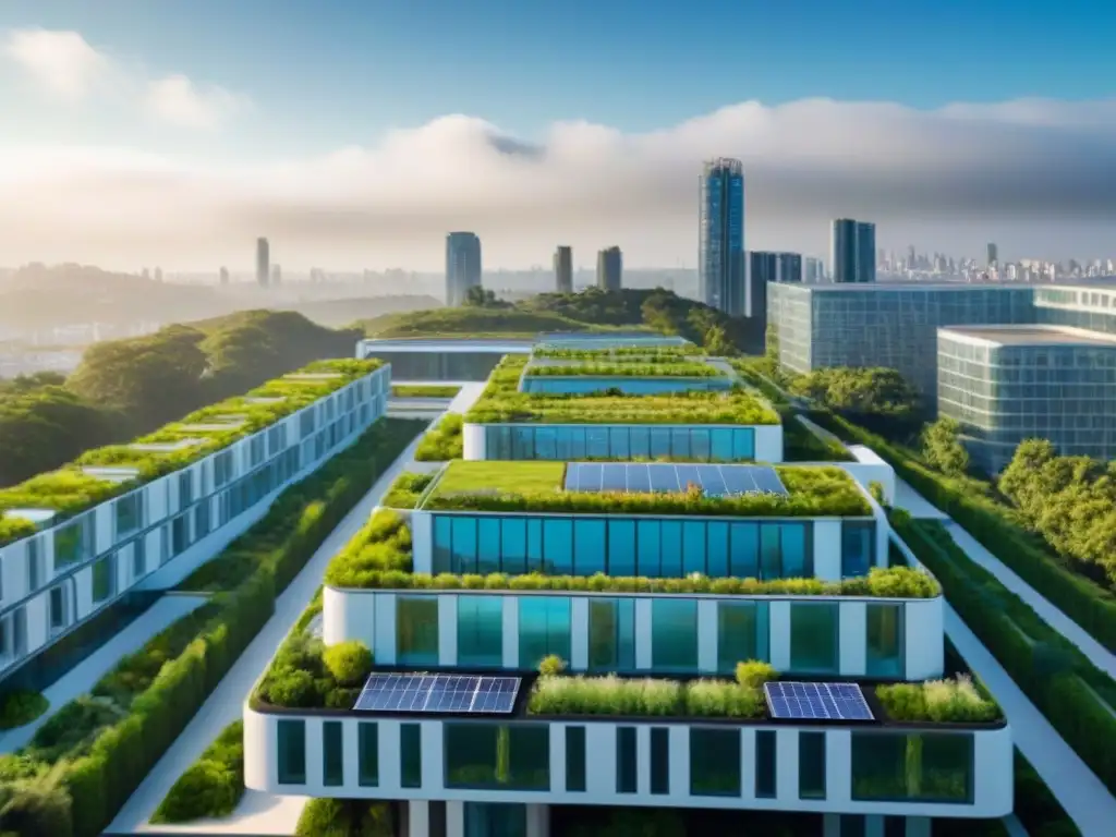 Metrópolis futurista: arquitectura sostenible en armonía con la naturaleza Escena futurista de edificios verdes con jardines y paneles solares