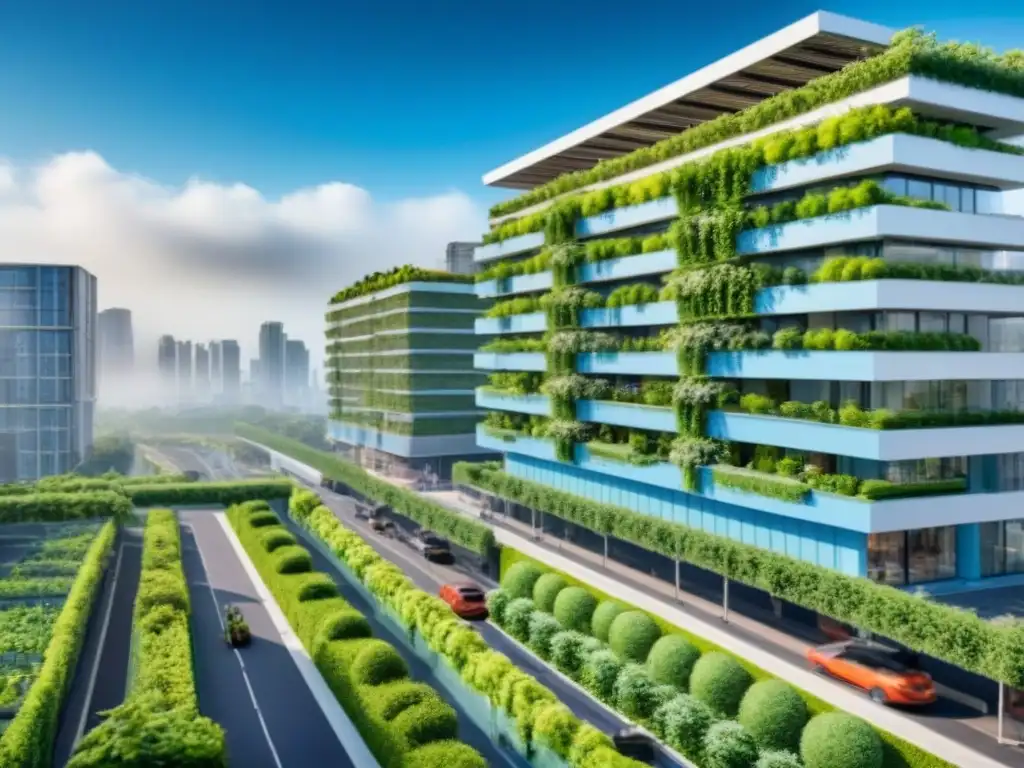Desarrollo urbano sostenible con tecnología verde en 8k Escena futurista de edificios verdes y energía renovable en desarrollo inmobiliario sostenible