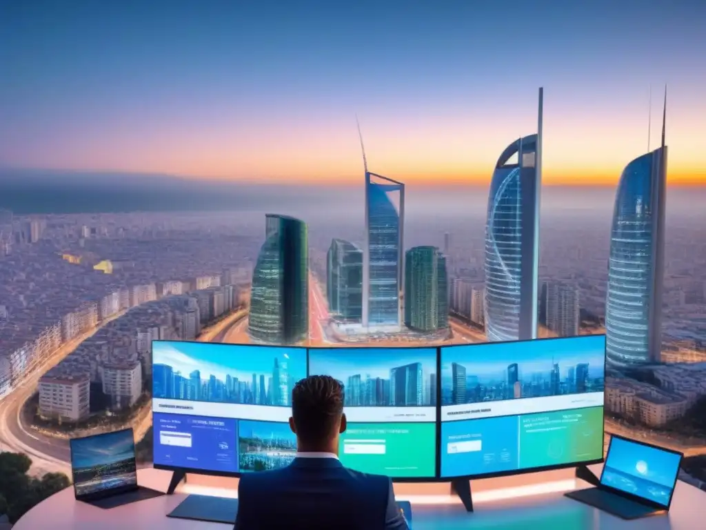 Mercado inmobiliario del futuro en España: tecnología y elegancia Escena futurista de mercado inmobiliario en España: digitalización, tecnología y beneficios de la digitalización inmobiliaria