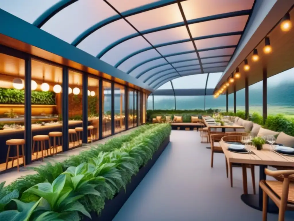 Diseño de restaurante ecológico: innovación y sostenibilidad Escena futurista de restaurante ecoamigable, fusionando arquitectura moderna y naturaleza, destacando técnicas ecoamigables en restauración