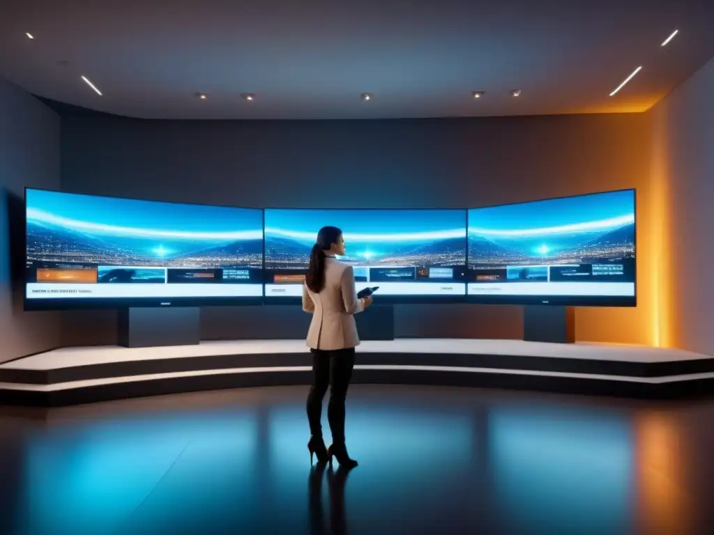 Subasta futurista 8k: tecnología y diseño innovador en acción Escena futurista en subasta inmobiliaria con tecnología de vanguardia