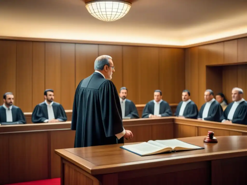 Desahucio en España: Escena judicial moderna Escena de juicio por desahucio en España con juez y profesionales, reflejando seriedad y complejidad del proceso legal