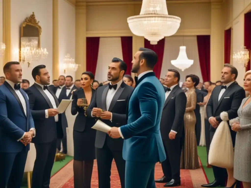 Subasta exclusiva: pujas y elegancia en lujo Una escena lujosa de una subasta inmobiliaria, con participantes atentos y elegantes en un ambiente exclusivo de opulencia
