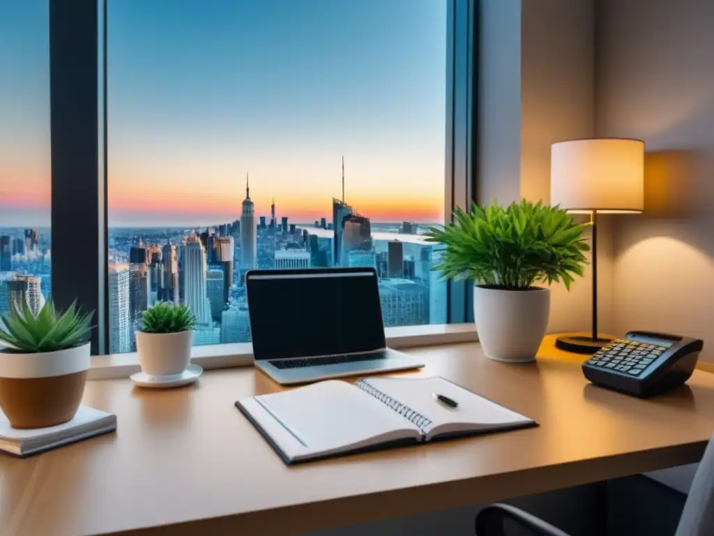 Oficina moderna para agente inmobiliario: lujo y productividad Escena moderna de oficina con elegante escritorio, contratos inmobiliarios, café gourmet y vista urbana