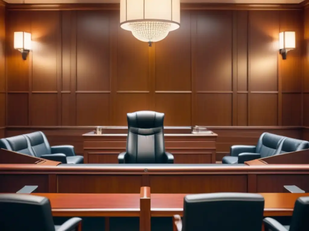 Imagen de sala de tribunal moderna y elegante con abogados discutiendo Escena seria en una moderna sala de tribunal con aspectos legales de compraventa de propiedades de alto valor