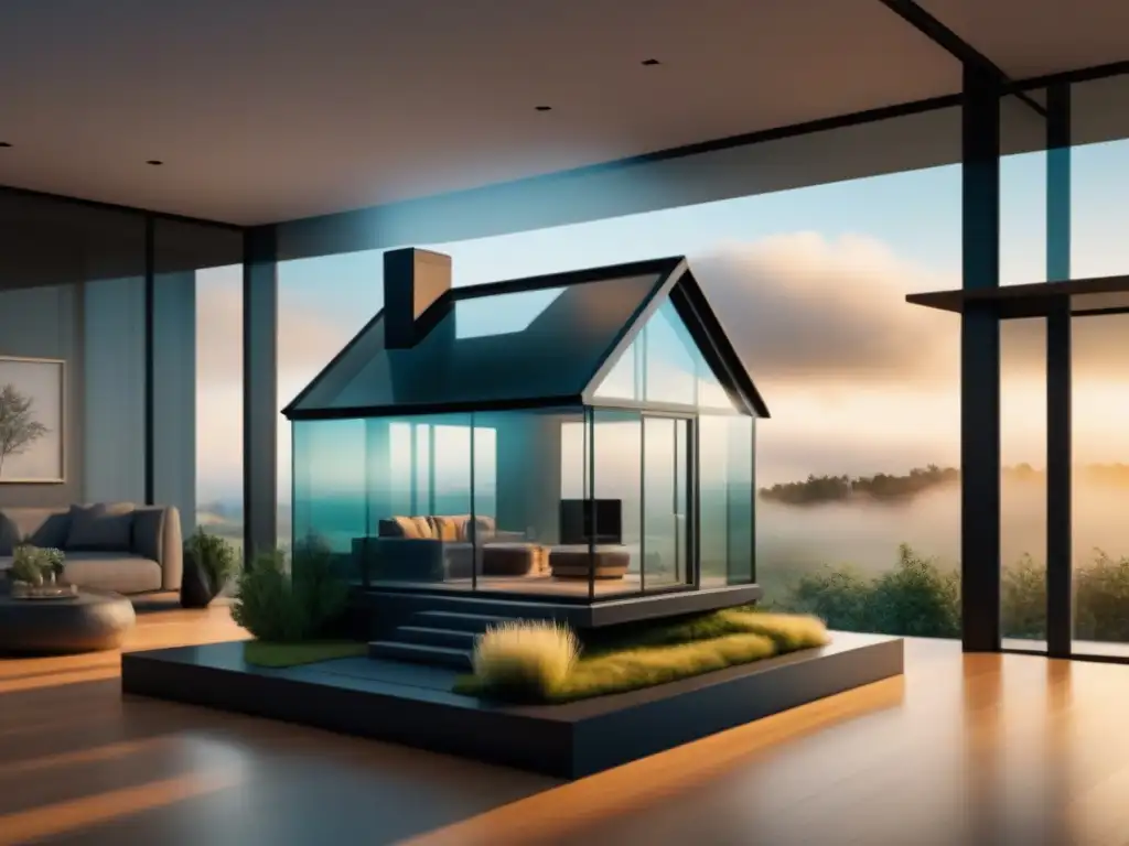 Escultura de Cristal Transparente: Transacción Inmobiliaria Ultra Detallada Escena transparente de escultura de vidrio en forma de casa con detallados interiores y gente realizando transacción inmobiliaria