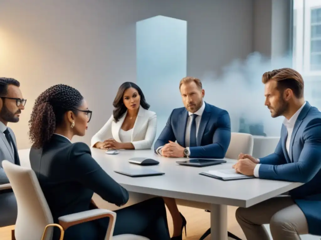 Reunión profesional para financiamiento de restauración inmobiliaria Una escena ultramoderna en una oficina elegante donde profesionales discuten sobre financiamiento privado para la restauración de propiedades