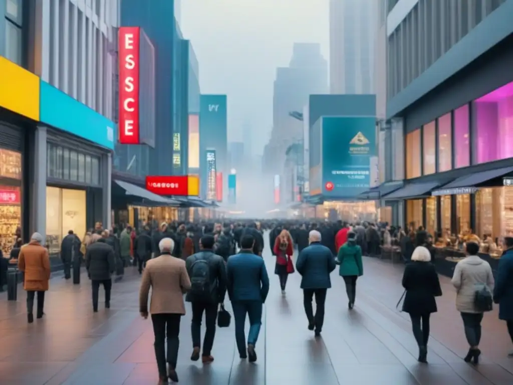 Vibrante calle comercial en una metrópolis moderna Escena urbana animada con tiendas variadas y gente diversa en aceras anchas, reflejando vitalidad comercial