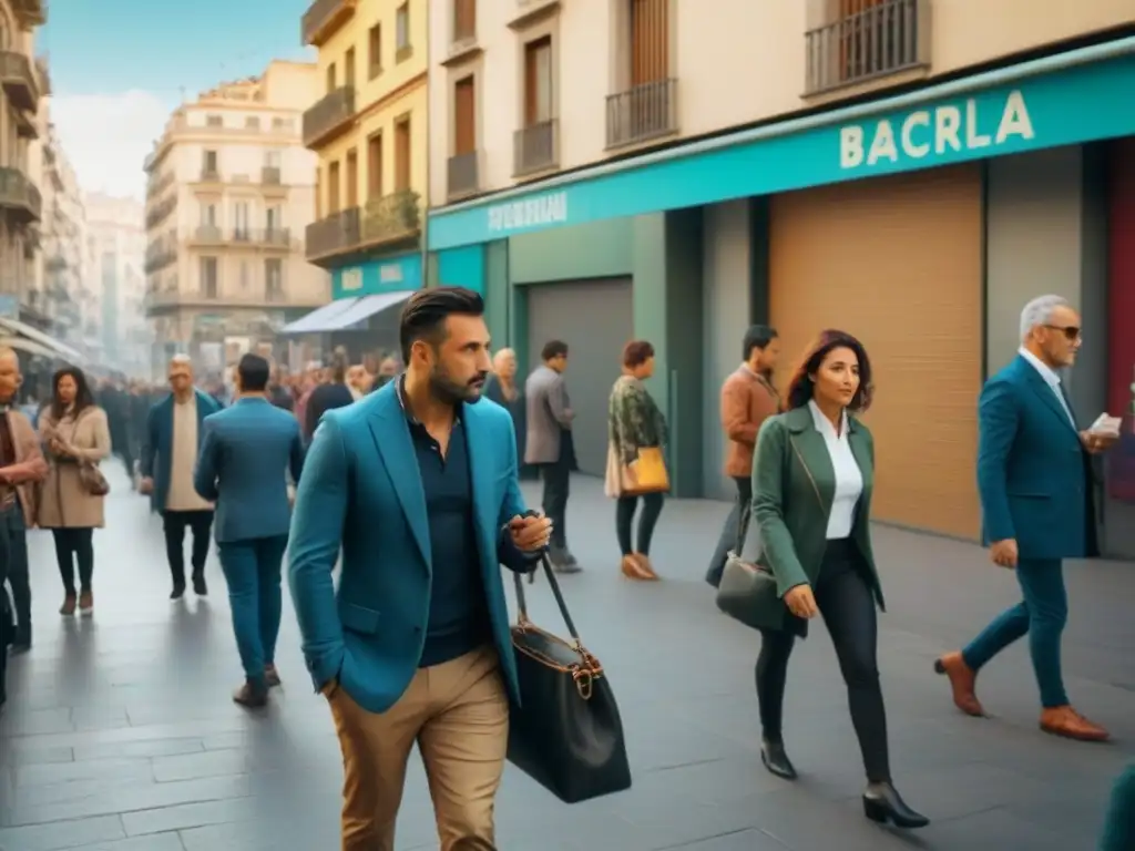 Escena urbana en Barcelona: diversidad demográfica y energía urbana Escena urbana en Barcelona con diversidad de personas y arte callejero, reflejando la influencia del análisis demográfico en la inversión inmobiliaria