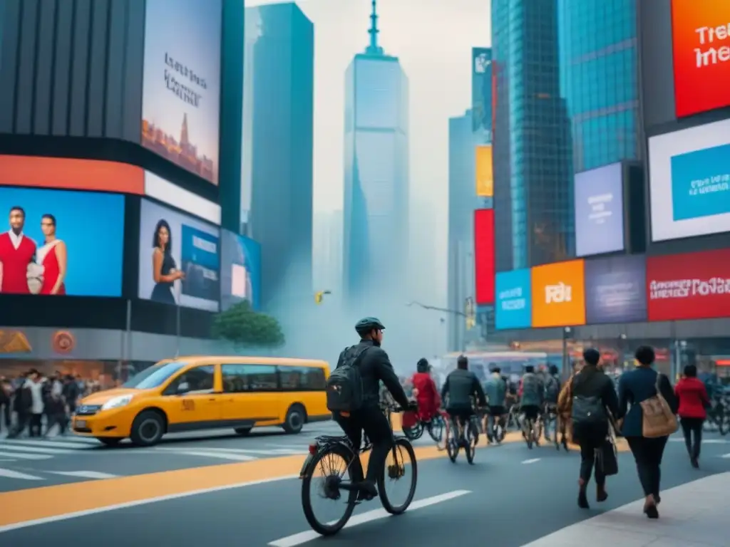 Escena urbana vibrante: movilidad y comercio en la ciudad Escena urbana con planificación espacios comerciales multifuncionales en hora pico, gente diversa, rascacielos y pantallas digitales