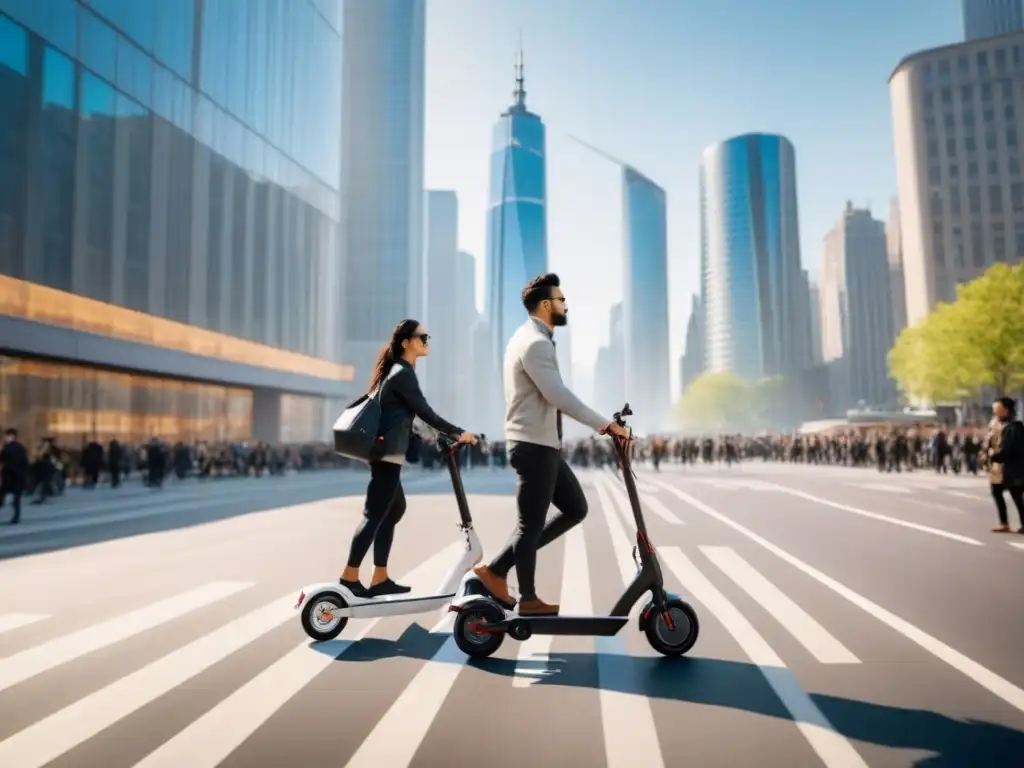 Escena urbana vibrante: movilidad moderna y progreso inmobiliario Escena urbana con movilidad integrada y rascacielos futuristas, reflejando innovación en el mercado inmobiliario