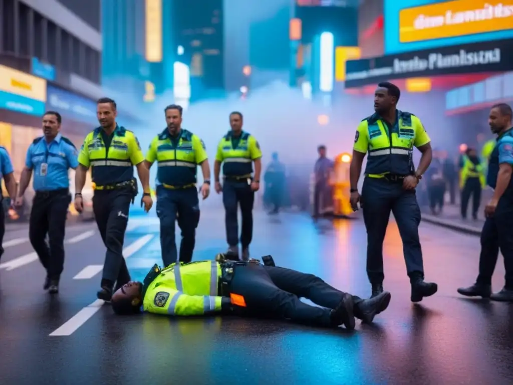 Emergencia urbana: equipo de paramédicos en acción nocturna Escena urbana nocturna con paramédicos atendiendo emergencia en la calle