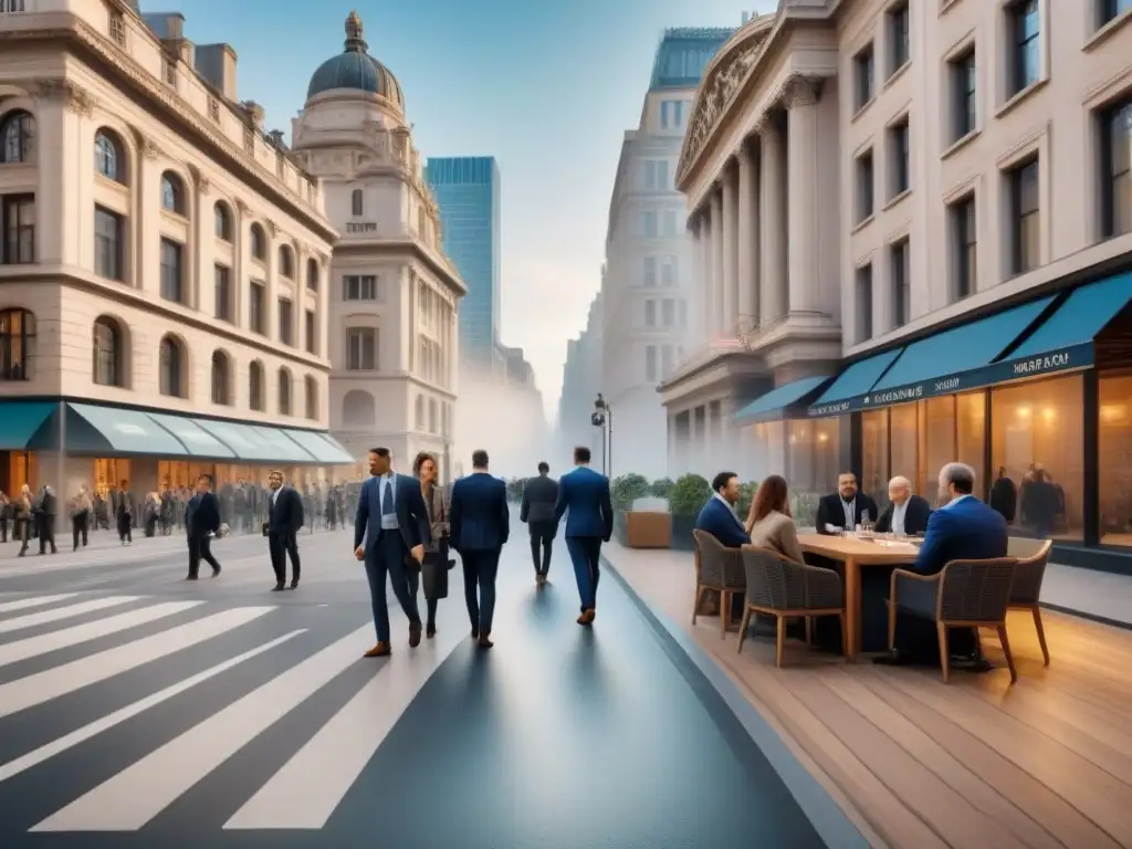 Oportunidades inmobiliarias en crisis: tradición e innovación Escena urbana con oportunidades de inversión inmobiliaria en crisis: mezcla de tradición e innovación en un caótico entorno de negocios