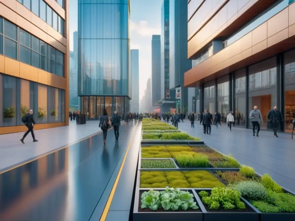 Escena urbana sostenible: arquitectura futurista y diversidad cultural Escena urbana sostenible con innovadores espacios comerciales y jardines verticales
