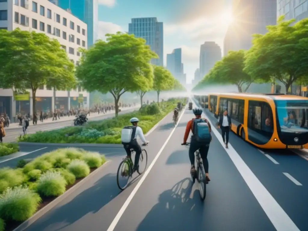 Escena urbana sostenible: paneles solares, bicis y tranvías en la ciudad Escena urbana sostenible con inversión inmobiliaria y diversidad de transporte público en la ciudad