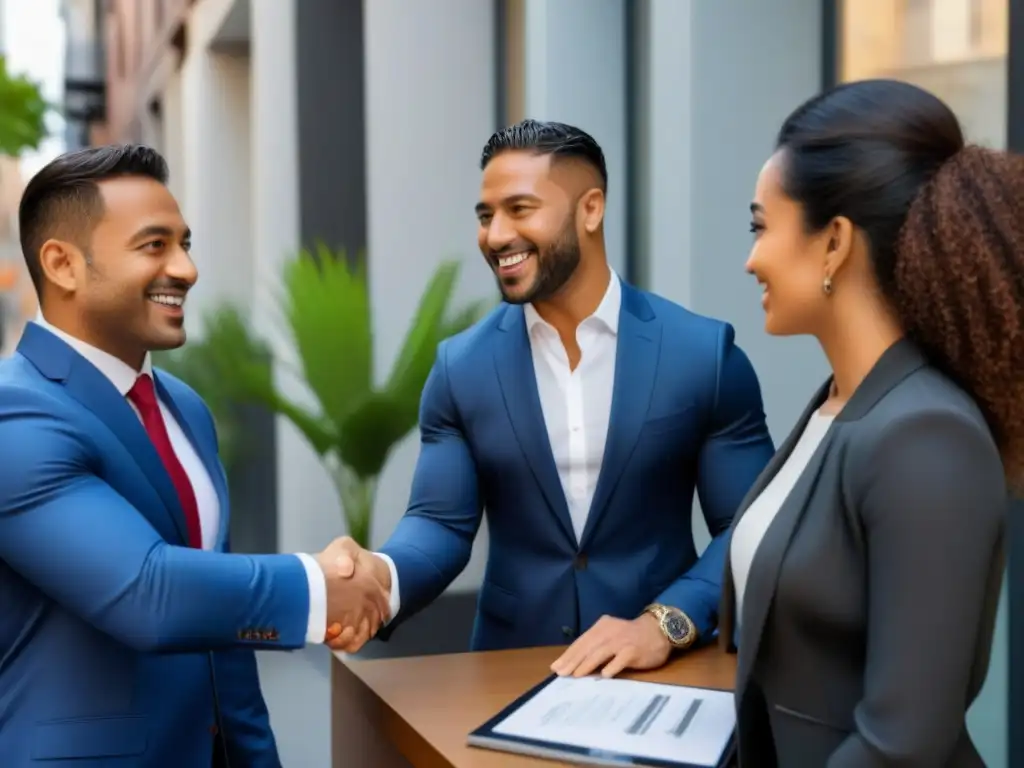 Escena de diversidad en la compra de vivienda: unión multicultural Una escena urbana vibrante con diversidad cultural y unidad en el mercado inmobiliario