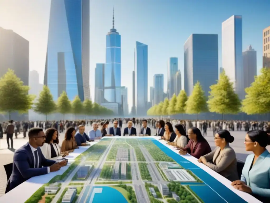 Construyendo juntos: planificación urbana para una ciudad sostenible Escena urbana vibrante con grupos diversos participando en discusiones de desarrollo urbano, integrando tecnología y naturaleza